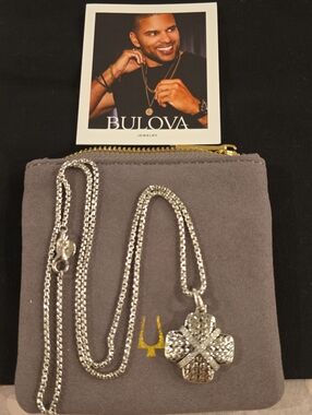 Bulova Mens Sterling Silver Link Pendant With Diamonds-Necklace with Chain